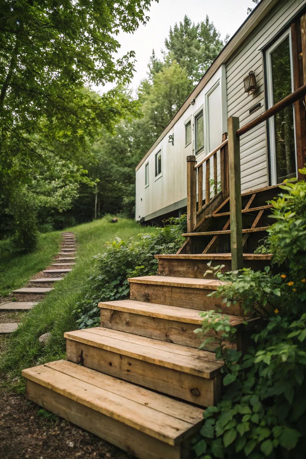Classic wooden steps add warmth and charm to any mobile home.