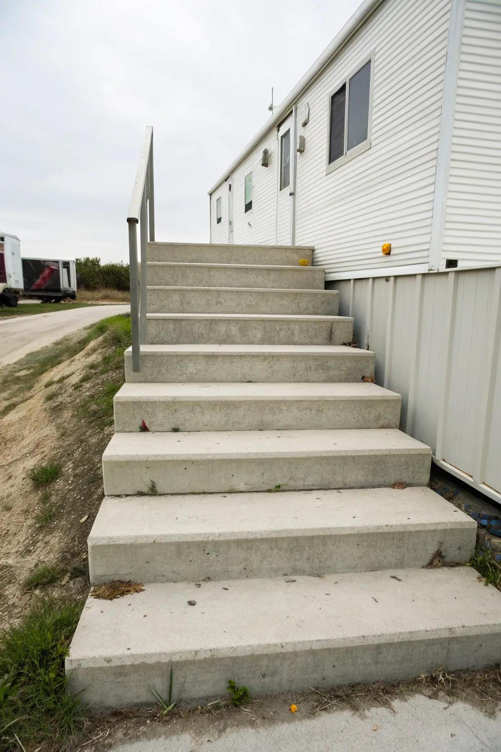 Durable concrete steps for a worry-free mobile home entrance.