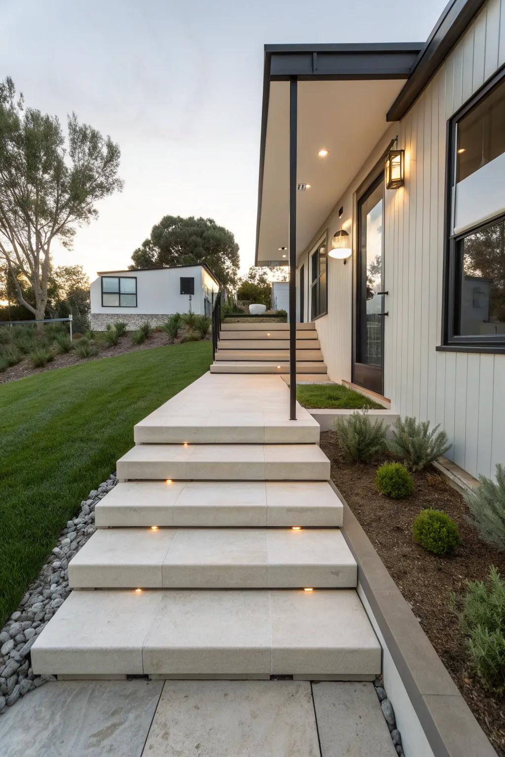 Minimalist steps for a sleek and modern mobile home entrance.