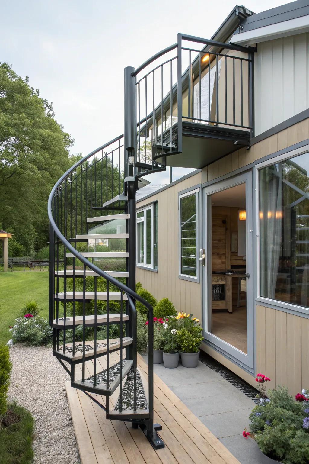 Space-saving spiral steps: a chic twist for your mobile home.