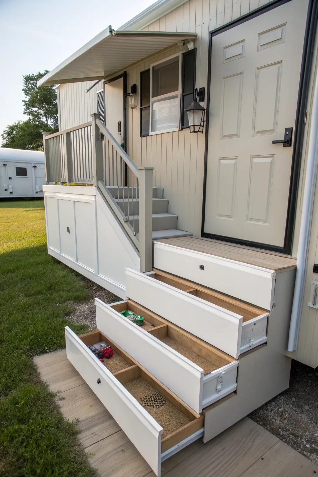 Clever storage solutions hidden within your mobile home steps.