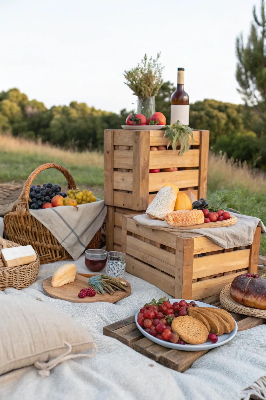 Elevate your picnic with rustic crate displays.