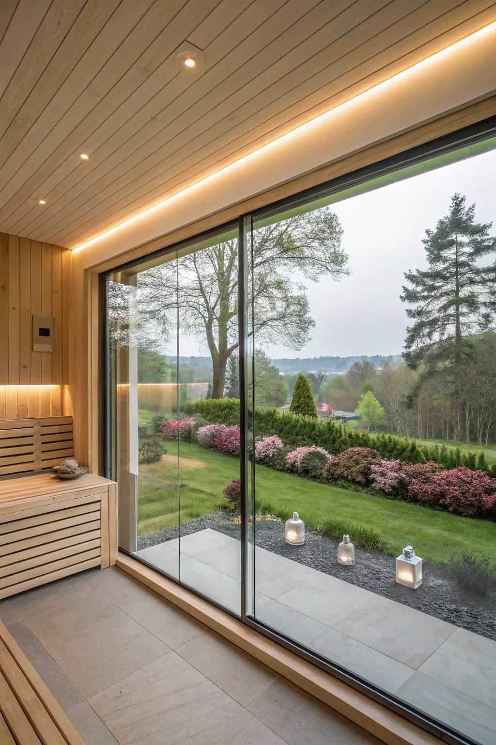 A stunning view from a glass-fronted sauna, blending indoor comfort with outdoor beauty.