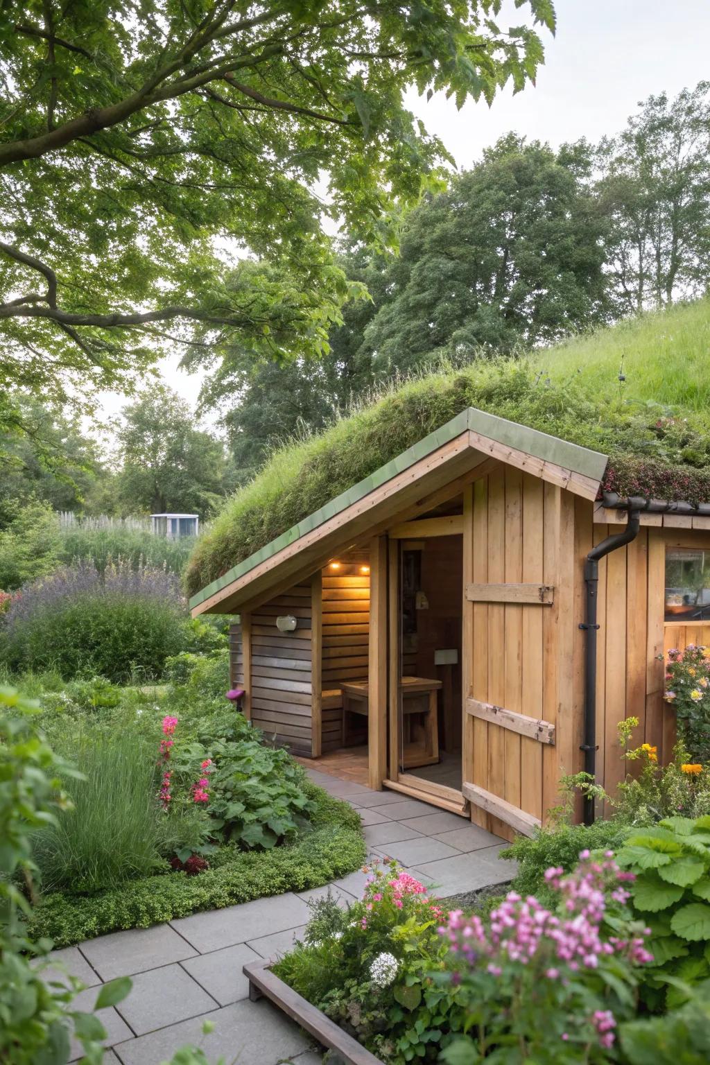 A harmonious blend of architecture and nature with a green-roofed sauna.