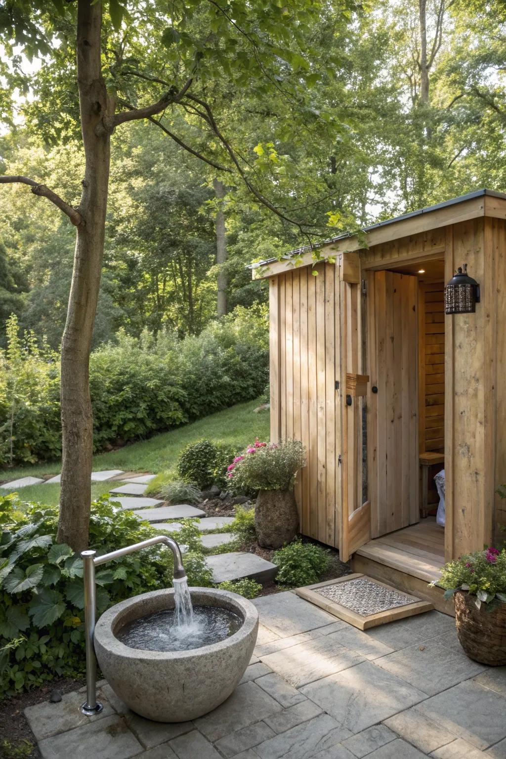 A spa-like experience with a sauna and outdoor shower combination.