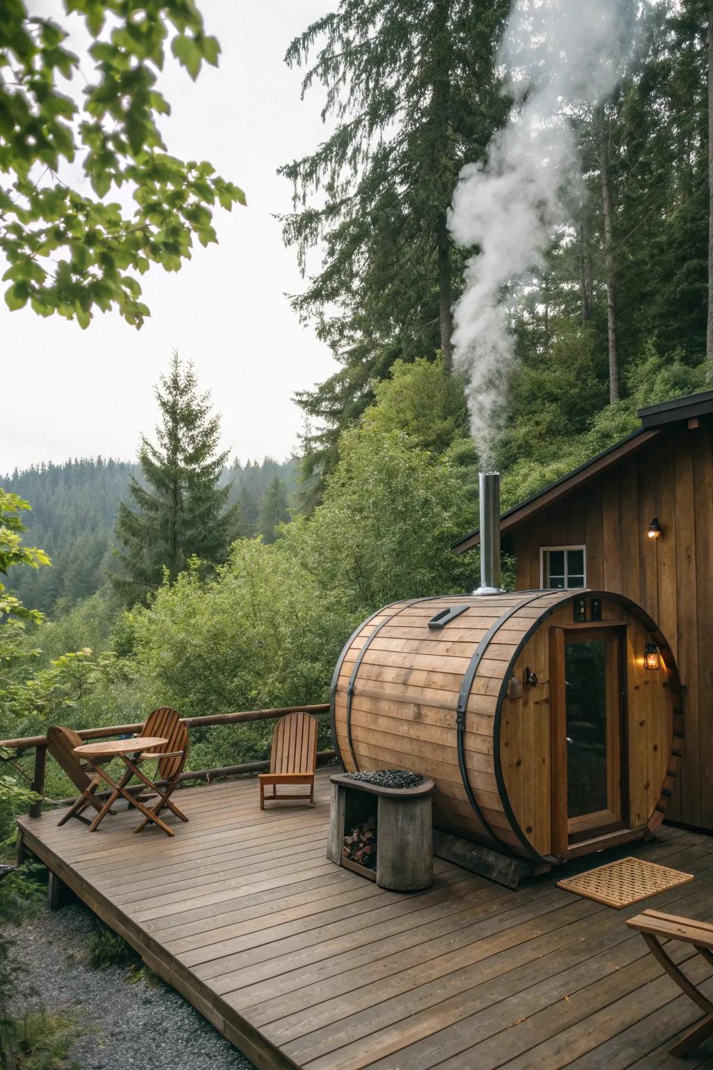 A charming barrel sauna offering warmth and comfort.