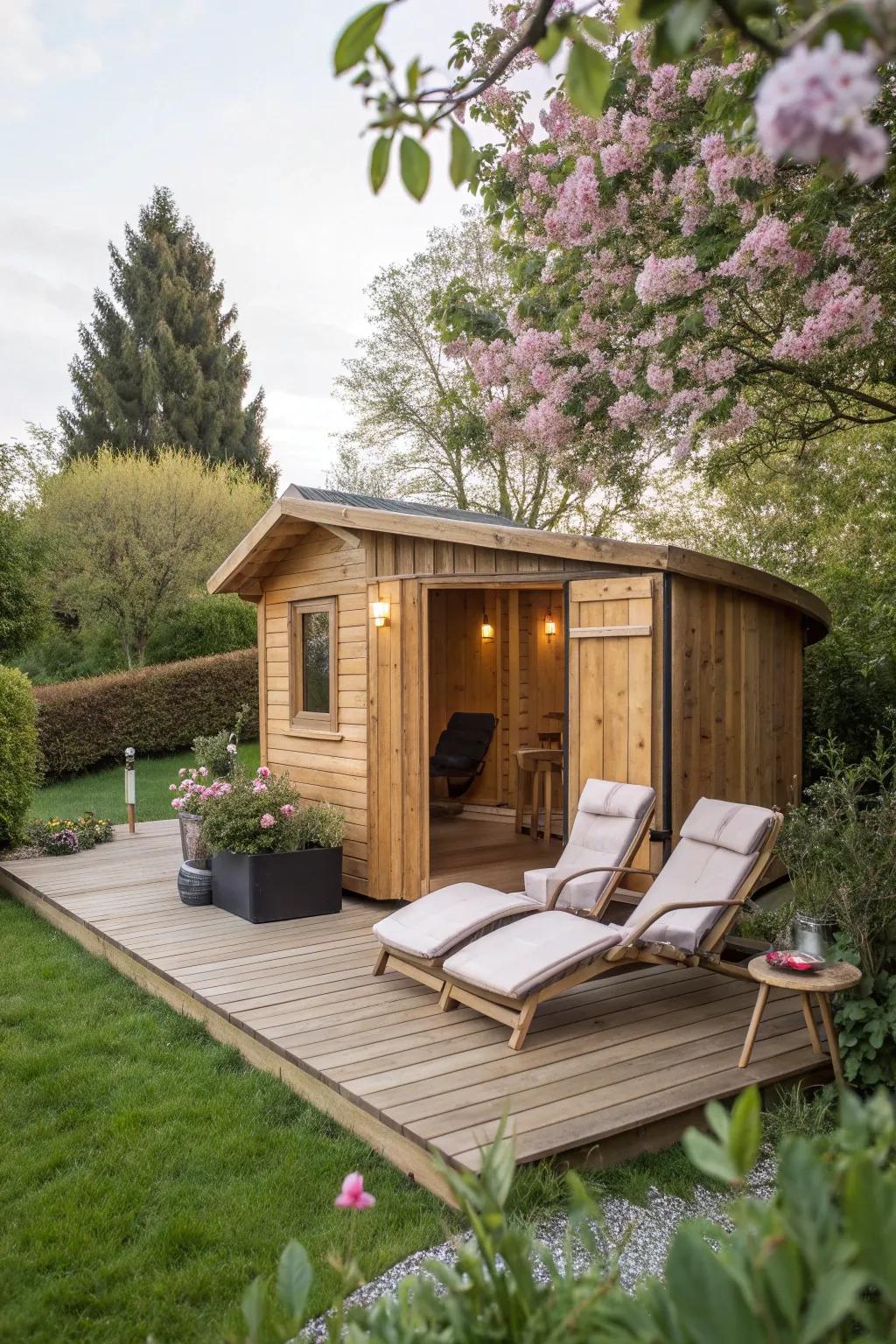 An inviting sauna with a deck lounge for ultimate relaxation.
