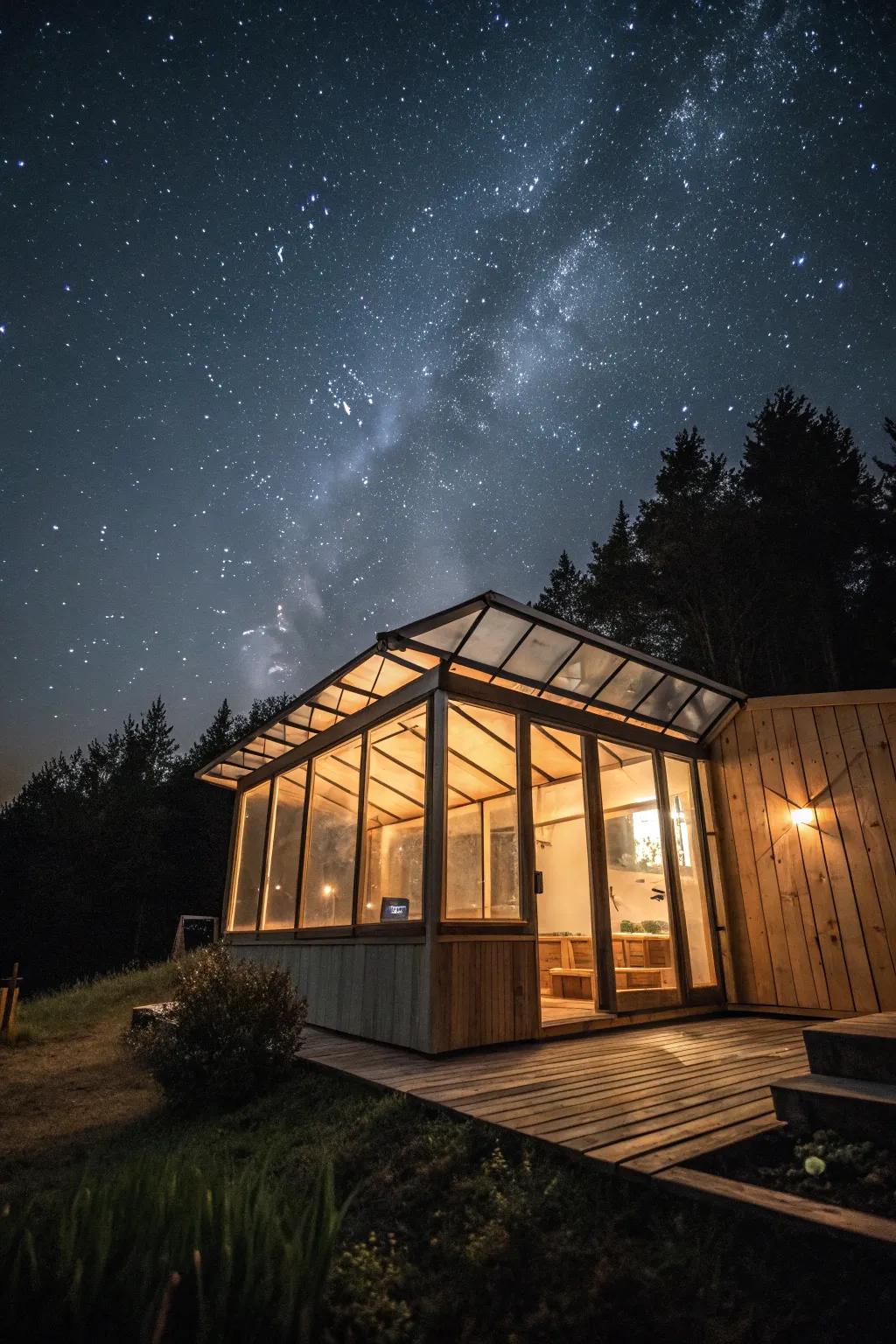 Stargazing from the comfort of a sauna with a transparent roof.