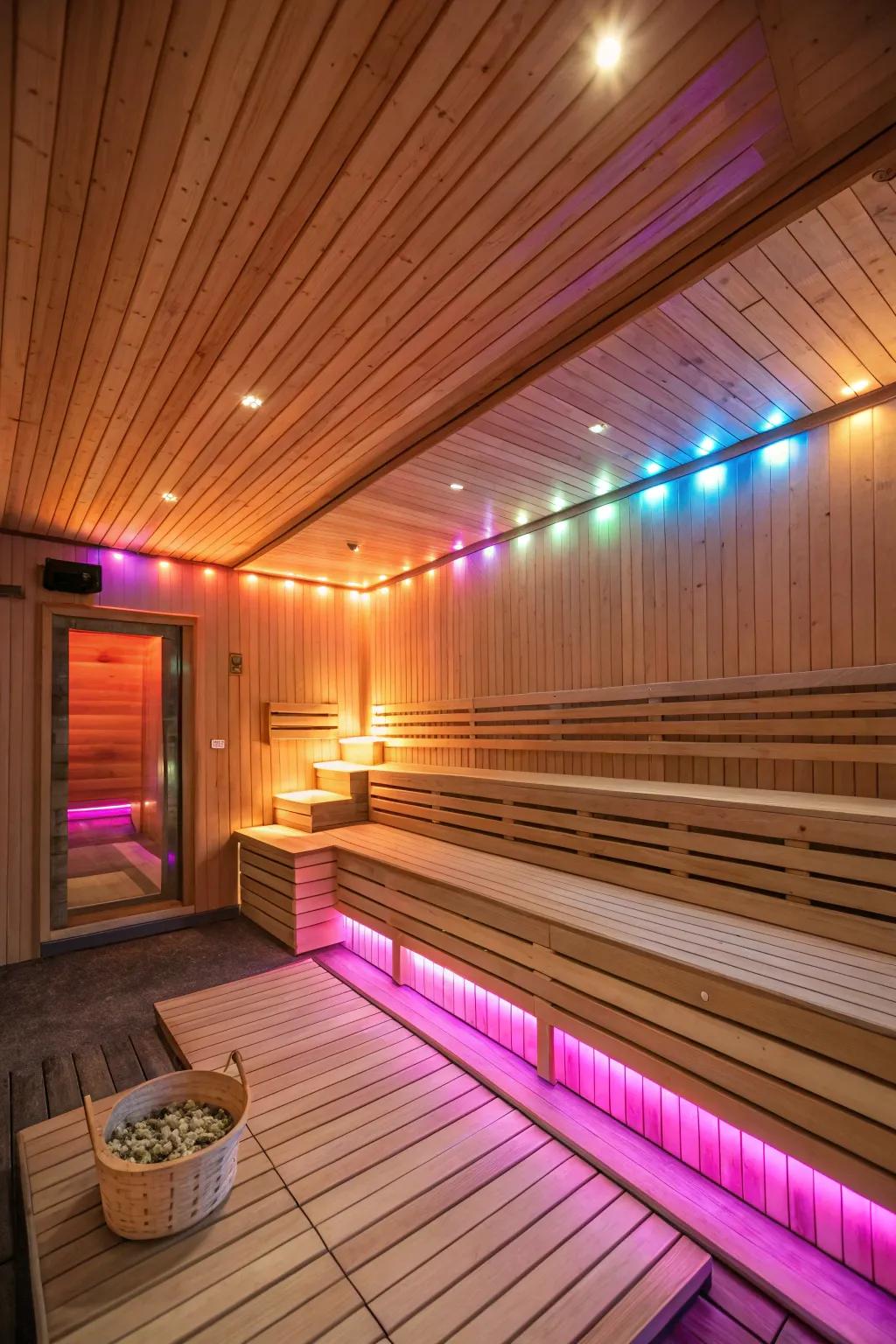 A sauna with integrated lighting for a customizable ambiance.