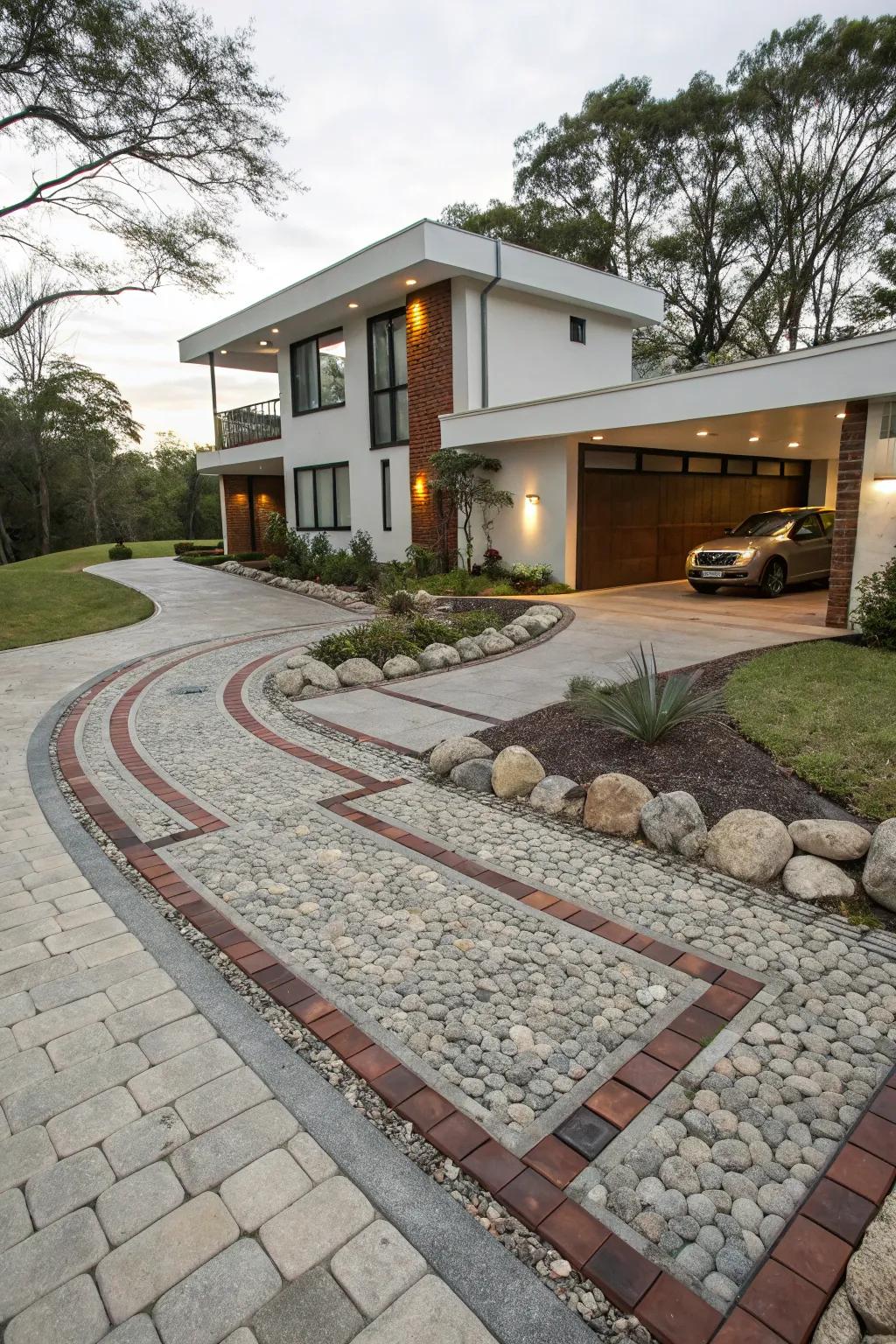 Mixed materials provide a unique, textured driveway.