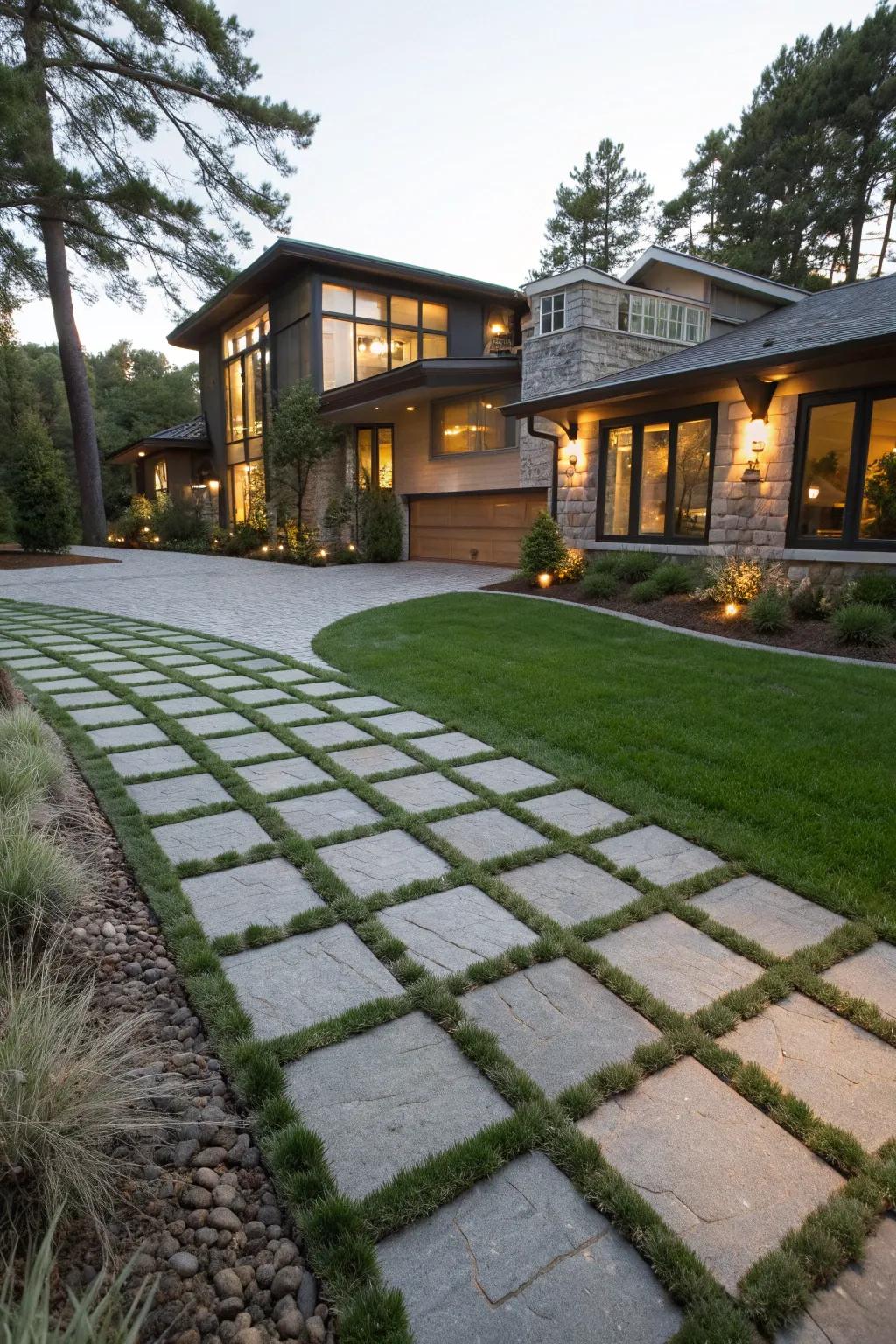 Turf and pavers create a green, practical driveway solution.