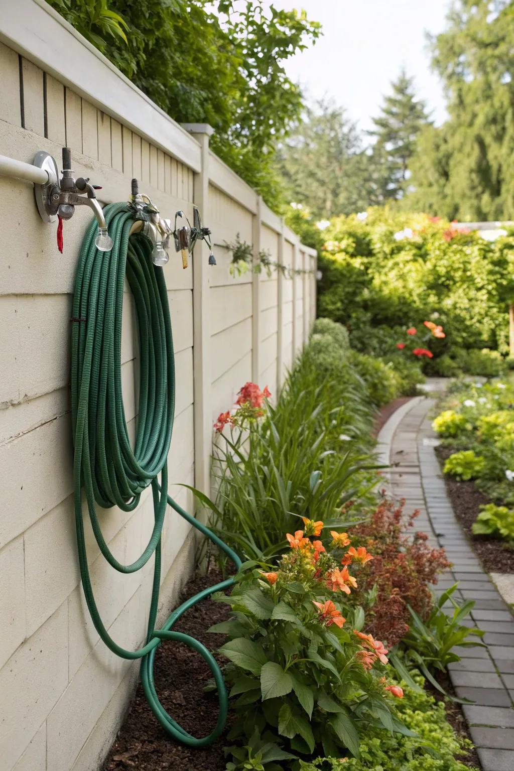 Wall-mounted hooks keep your hose tidy and off the ground