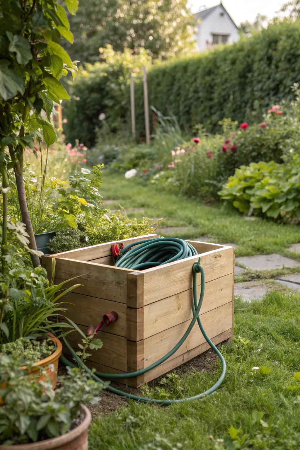 A wooden box offers rustic charm and practical hose storage
