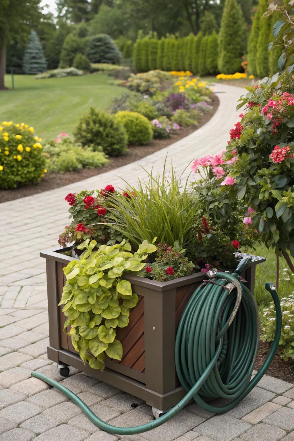 Planter and hose storage combo for a green and tidy garden