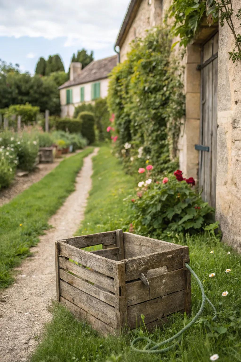 Vintage crates bring nostalgic charm to hose storage