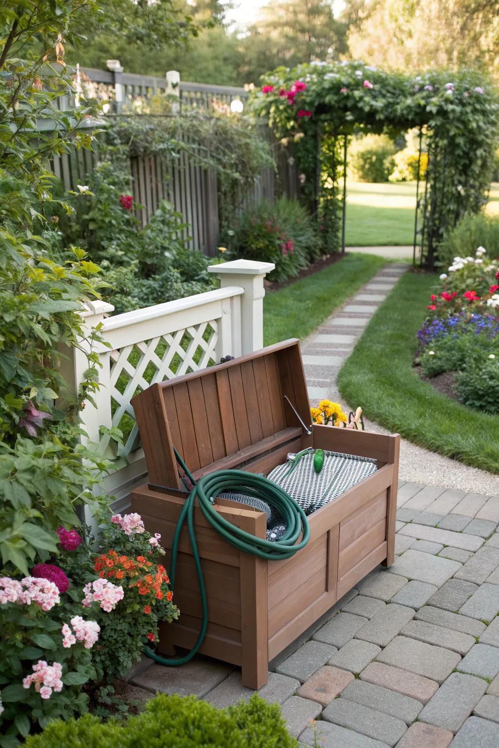 Garden benches hide hoses and provide seating