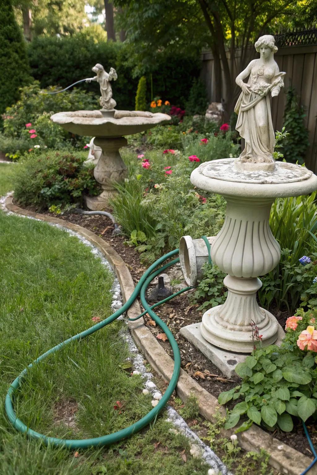 Camouflage hoses with garden decor for seamless integration