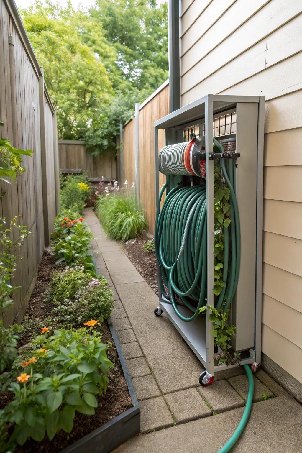 Vertical storage maximizes space in narrow gardens