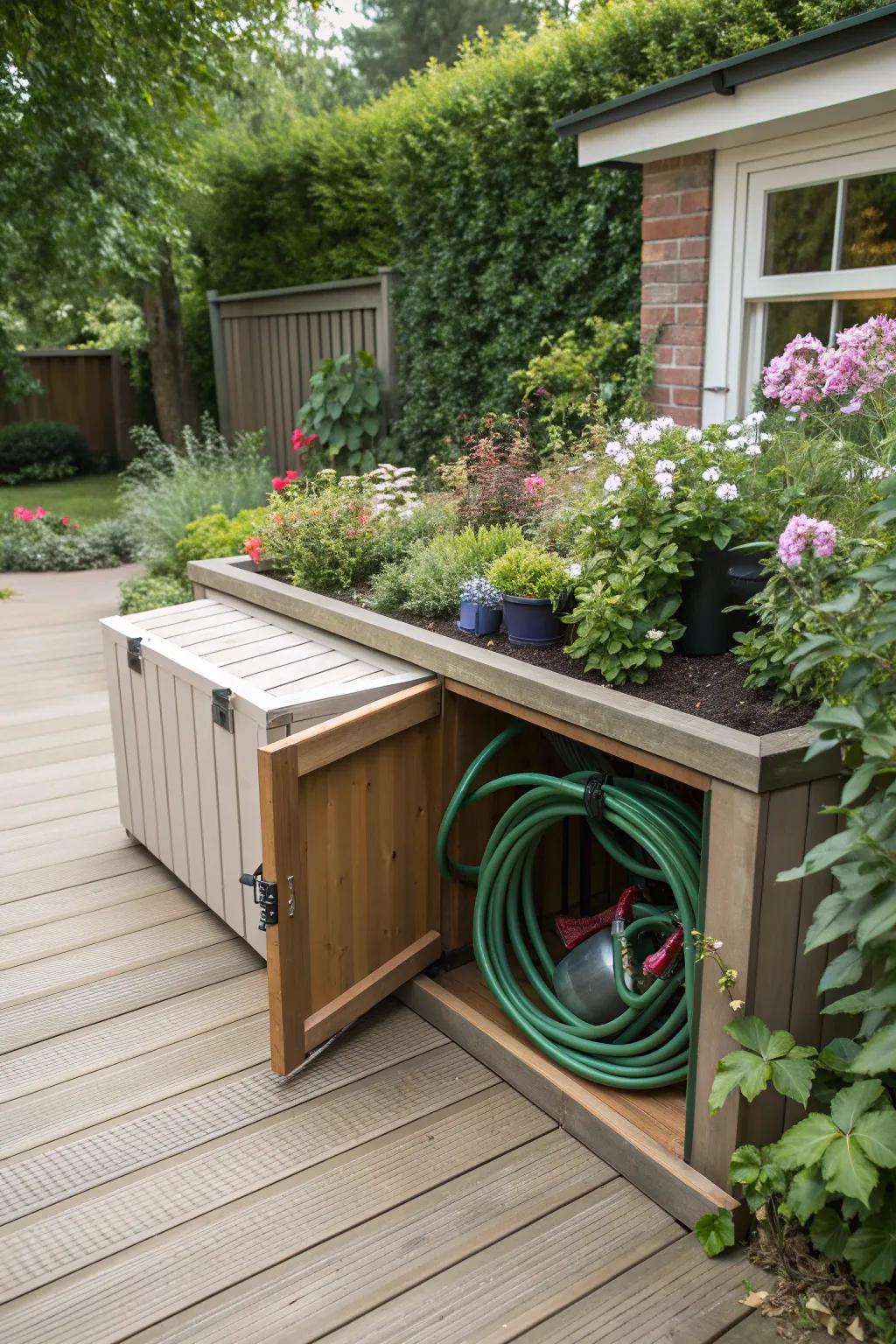 Underdeck storage hides hoses effectively