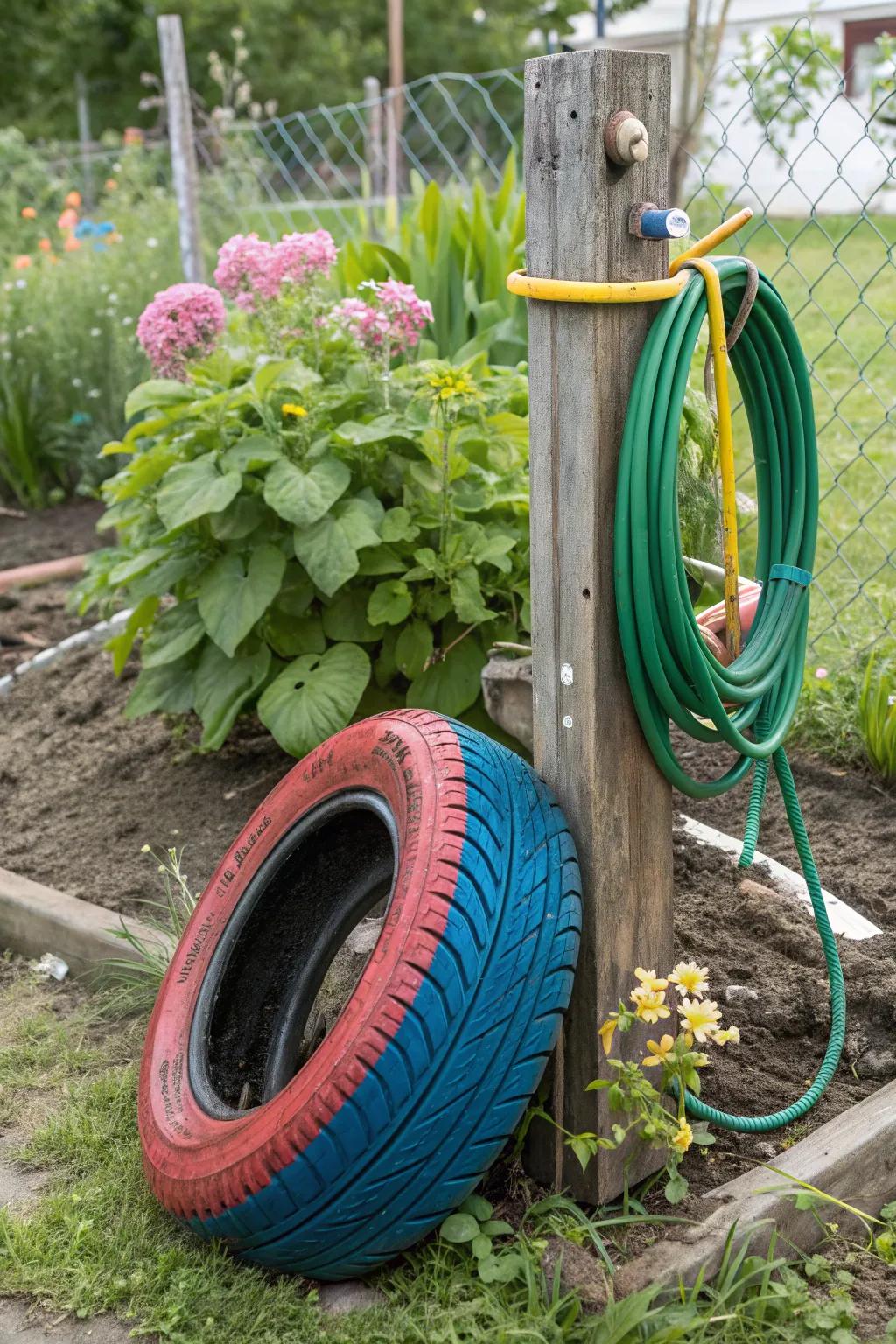Old tires offer a funky and eco-friendly hose storage solution