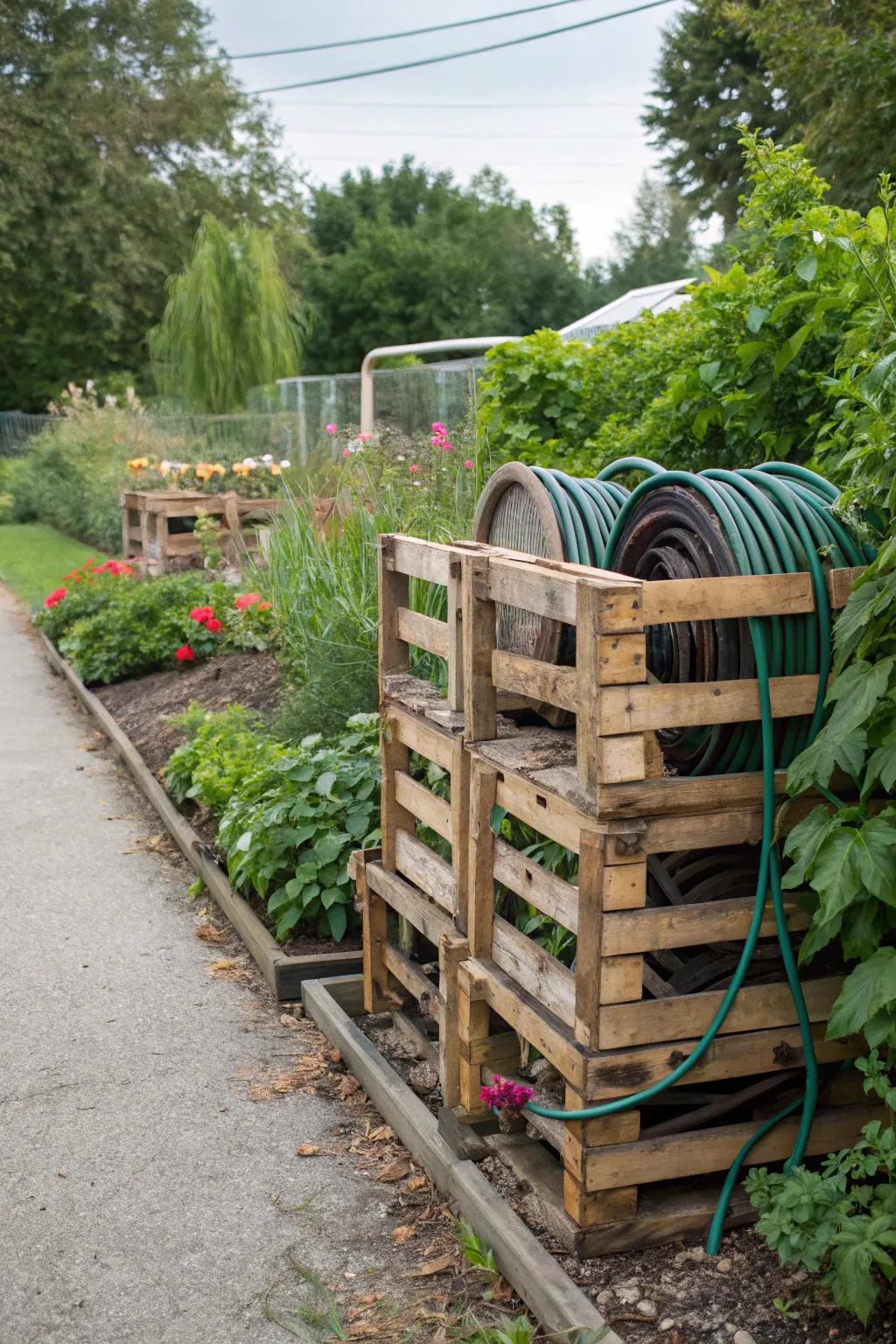Wooden pallets provide a quirky and functional storage option