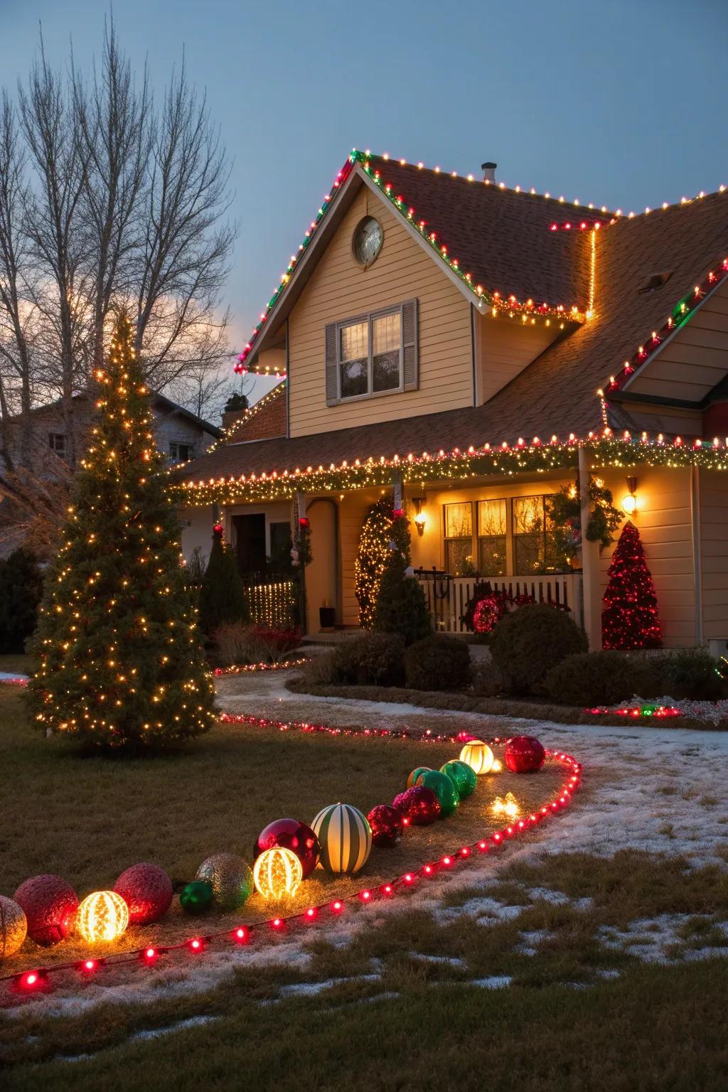 Coordinate roof and yard decorations for a unified scene.