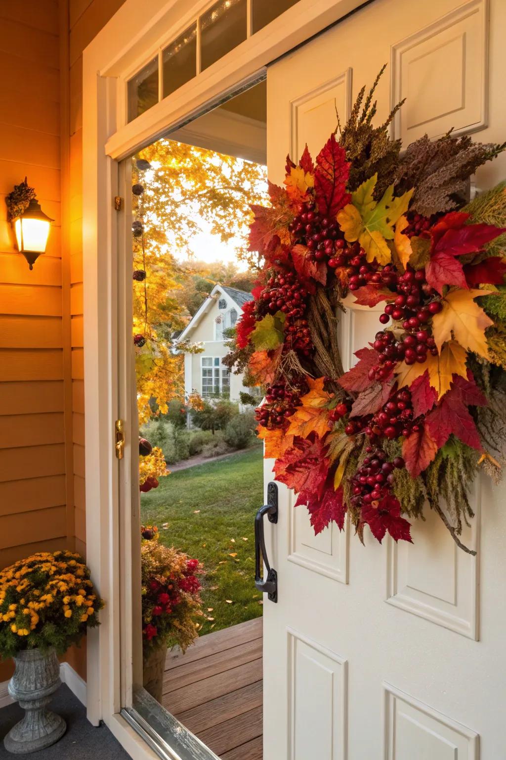 A seasonal wreath adds a splash of color and a warm welcome to any front door.