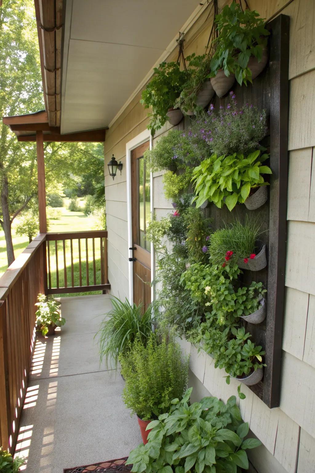 A vertical garden adds greenery without taking up floor space.