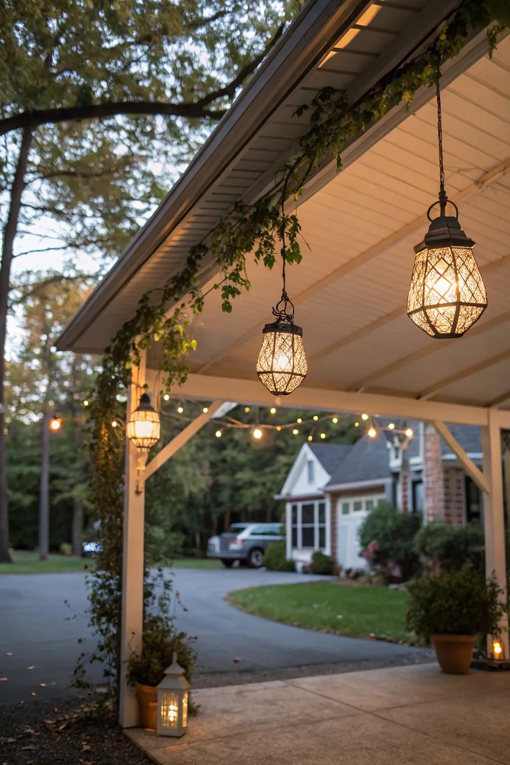 Carport with charming hanging lanterns.