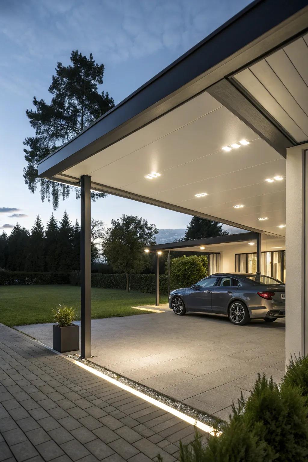Carport with sleek under-canopy lighting.