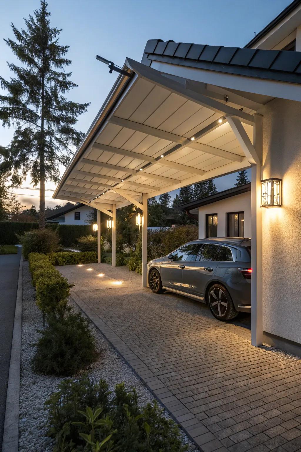 Carport with eco-friendly solar-powered lights.