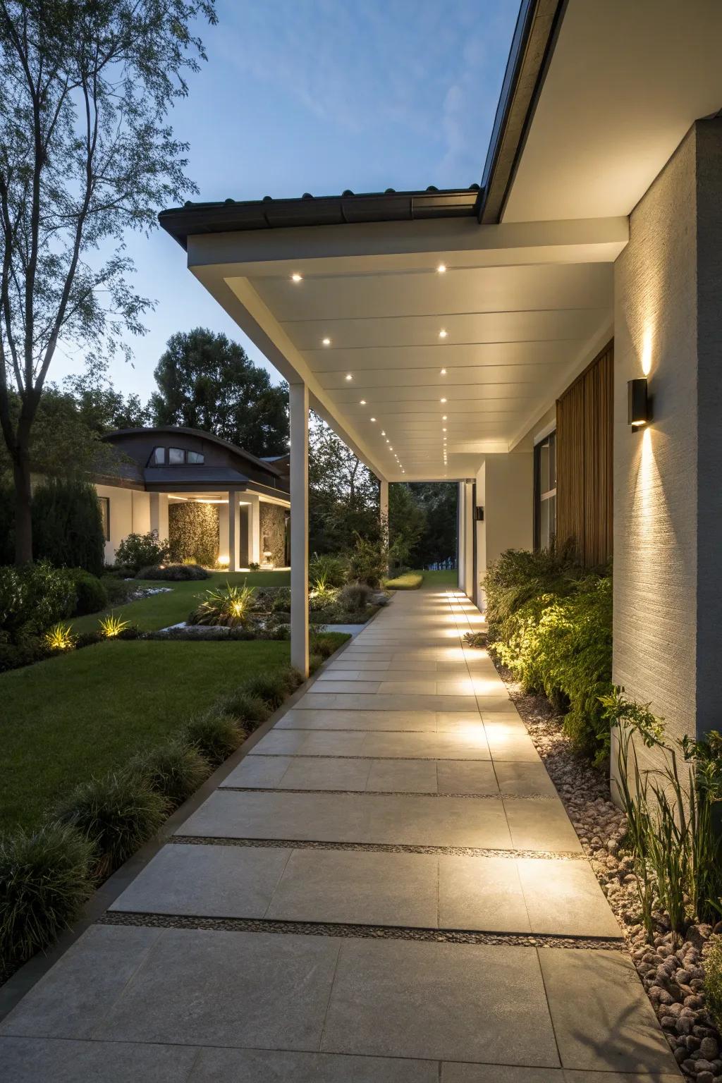 Carport with recessed floor lighting for a modern look.