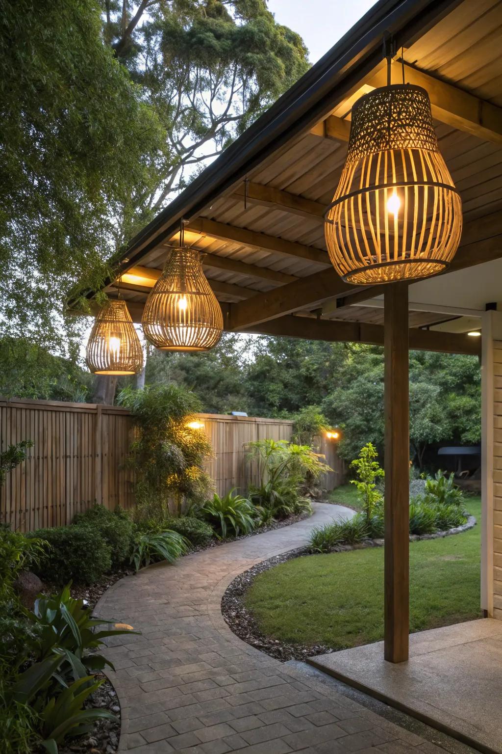 Carport with eco-friendly bamboo lights for a natural touch.