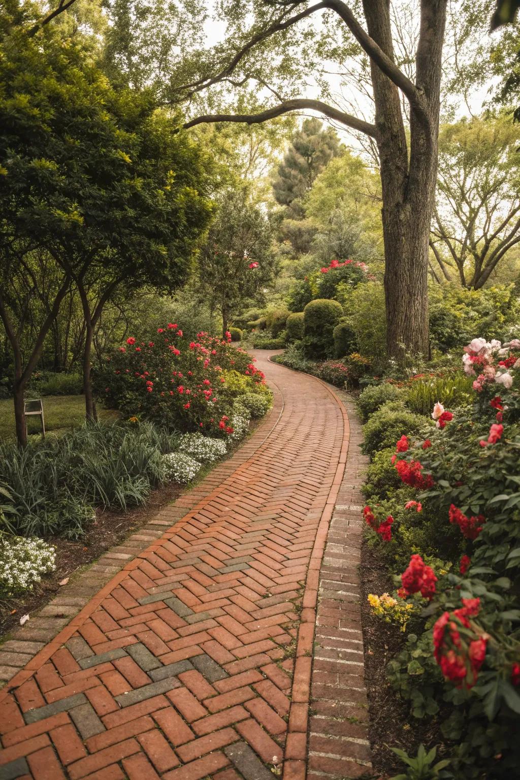 A welcoming brick pathway meanders through a vibrant garden.