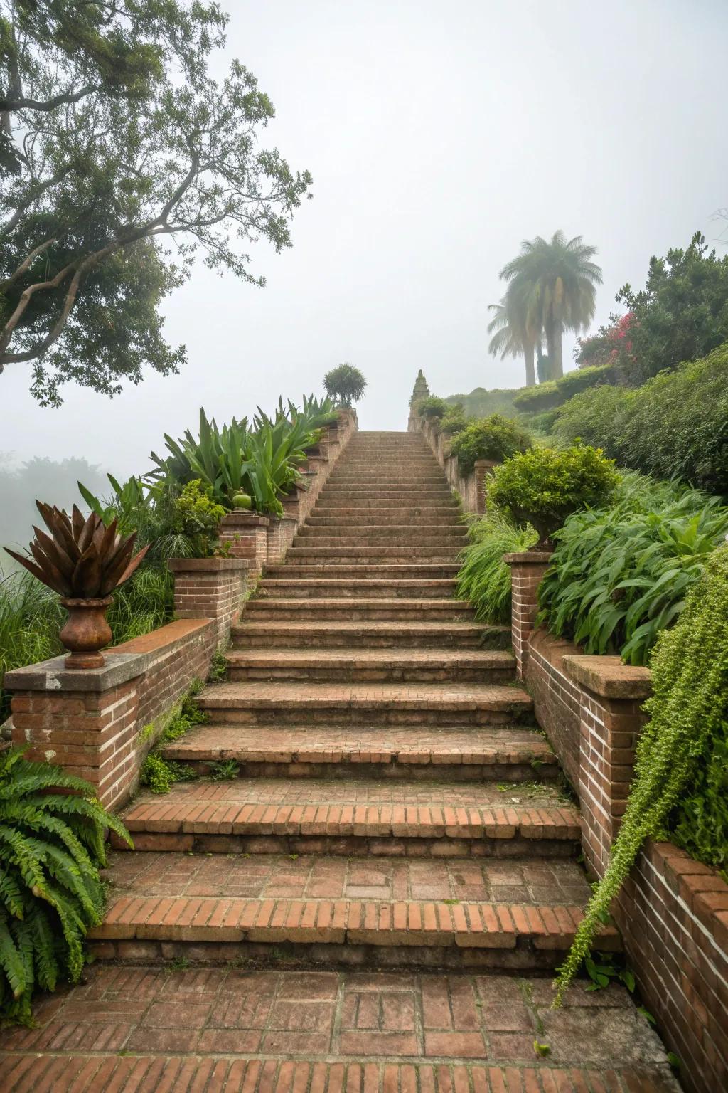 Stunning brick stairways leading through a beautifully landscaped garden.