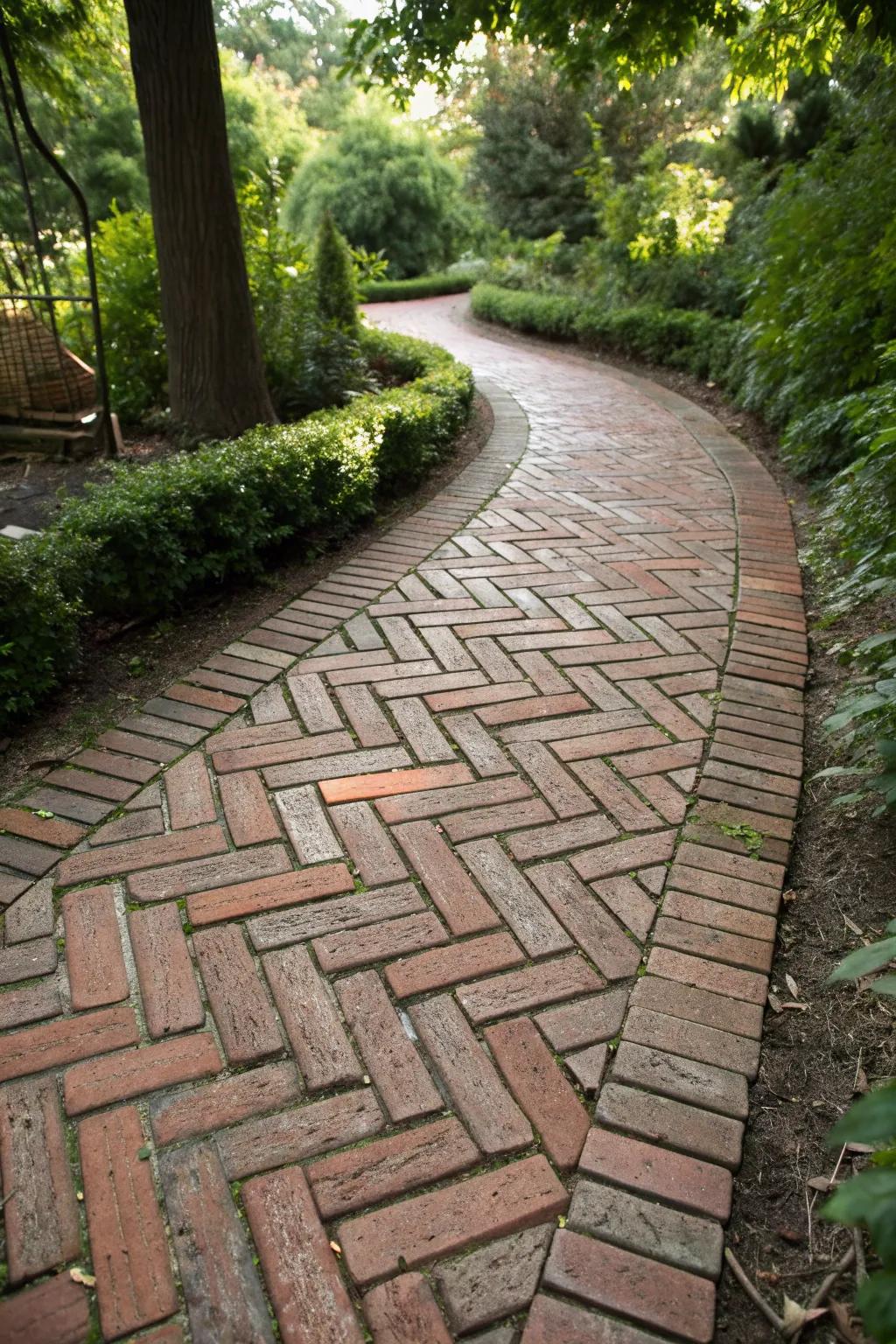 Intricate brick patterns bring a touch of creativity to garden pathways.