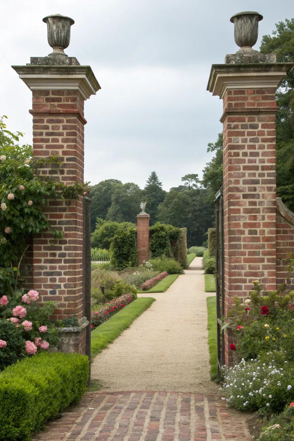 Grand brick pillars creating a welcoming entrance to the garden.