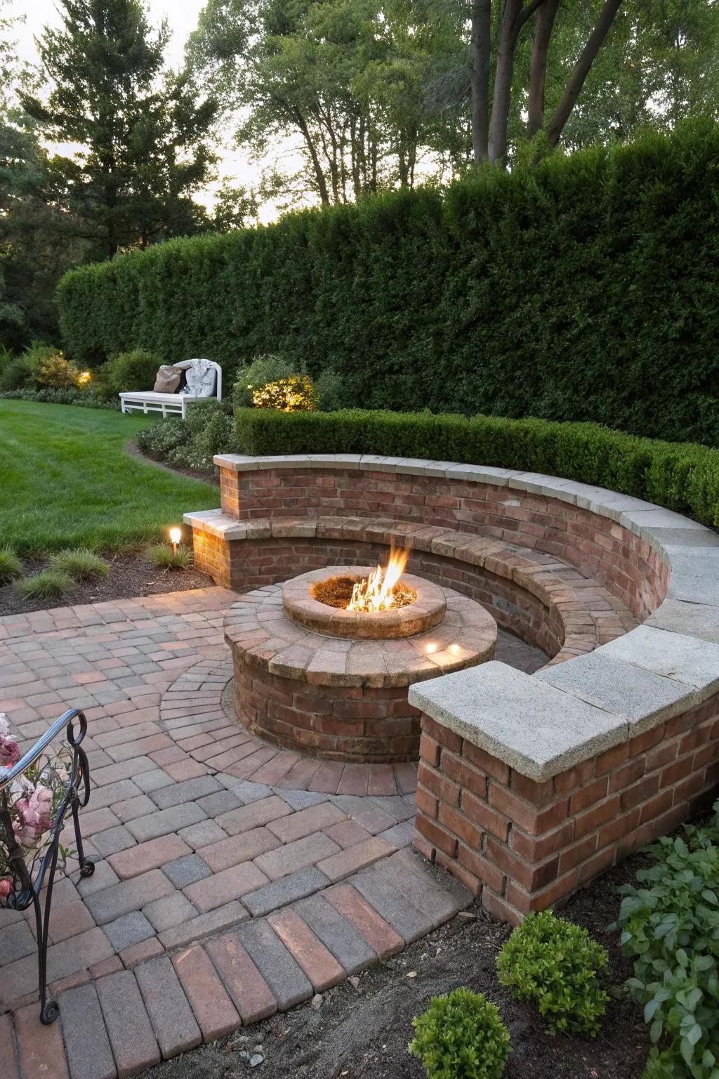 Inviting brick seating walls perfect for relaxing by the fire.
