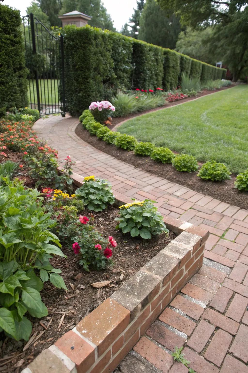 Neat garden beds with brick edging and mulch for easy upkeep.