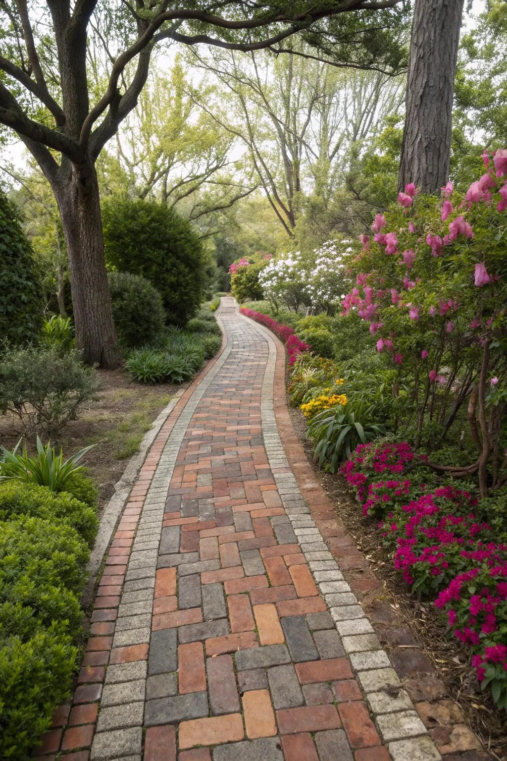 Mixed brick tones bringing color and character to garden pathways.