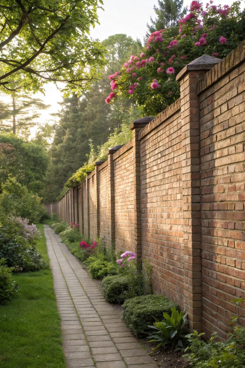 A rustic vertical brick wall adding privacy and charm.