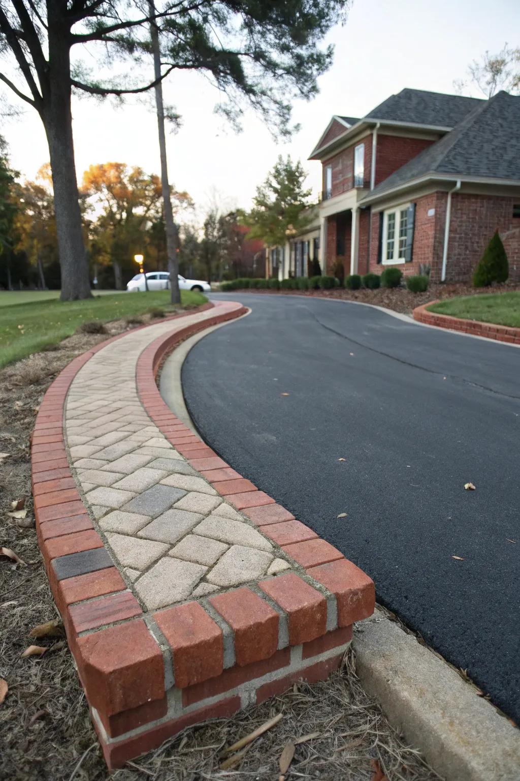 Subtle brick curb edging defining driveways and garden beds.