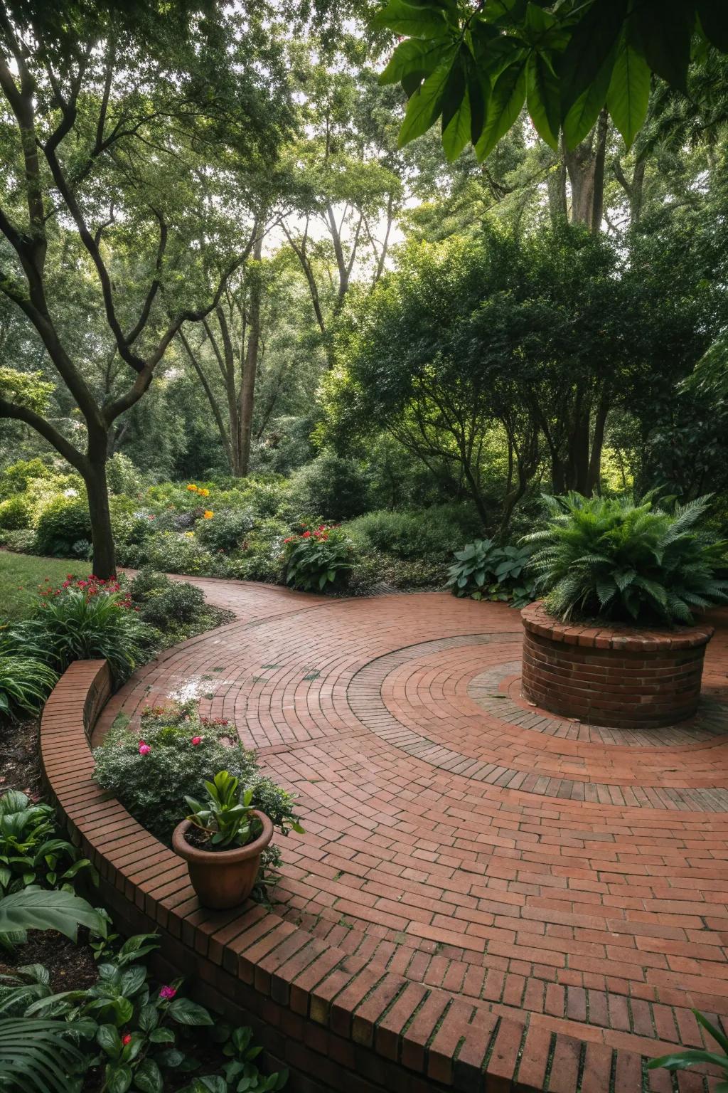 A harmonious circular brick patio as a garden focal point.