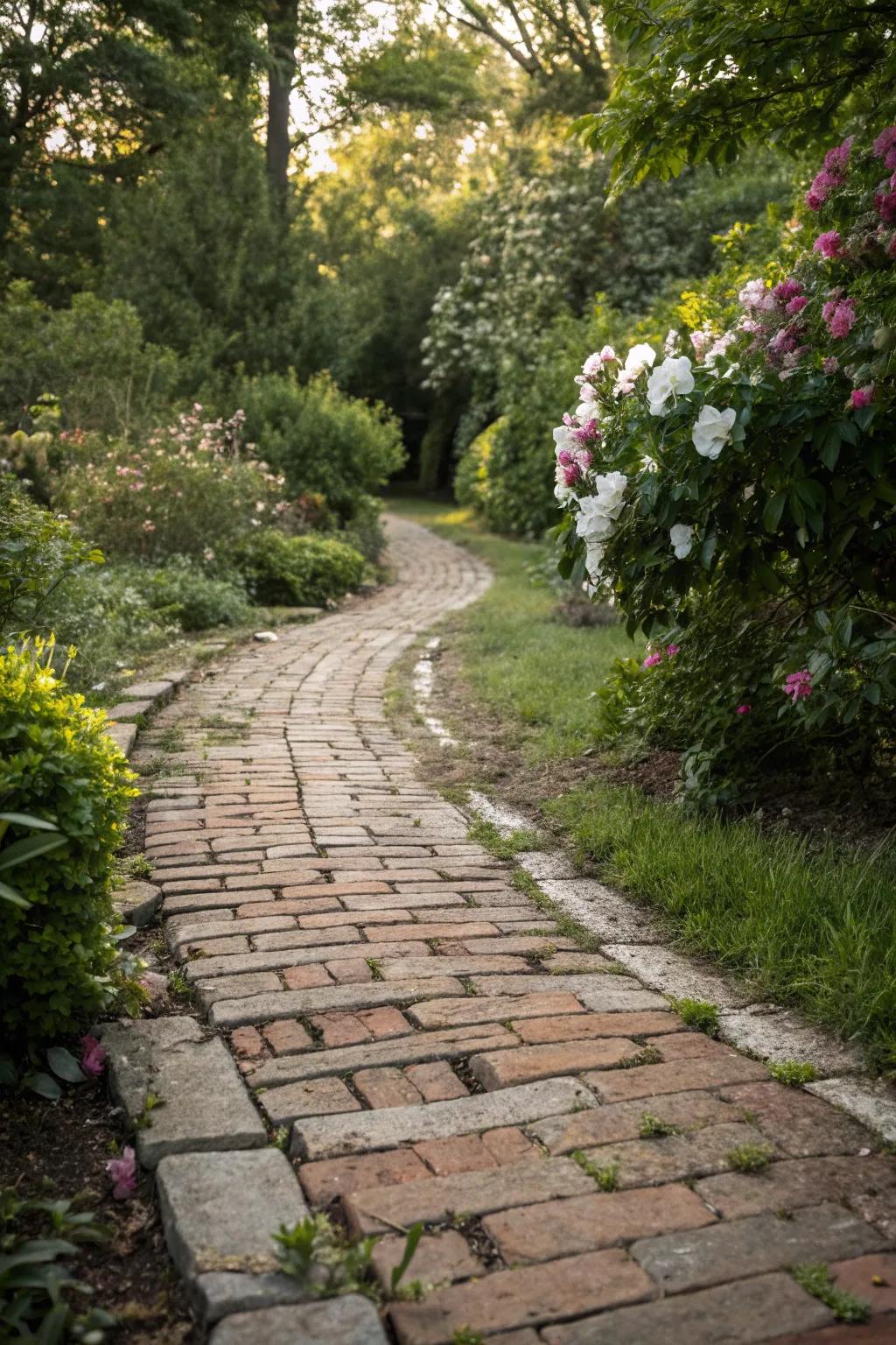 Eco-friendly reclaimed brick pathways adding vintage charm.