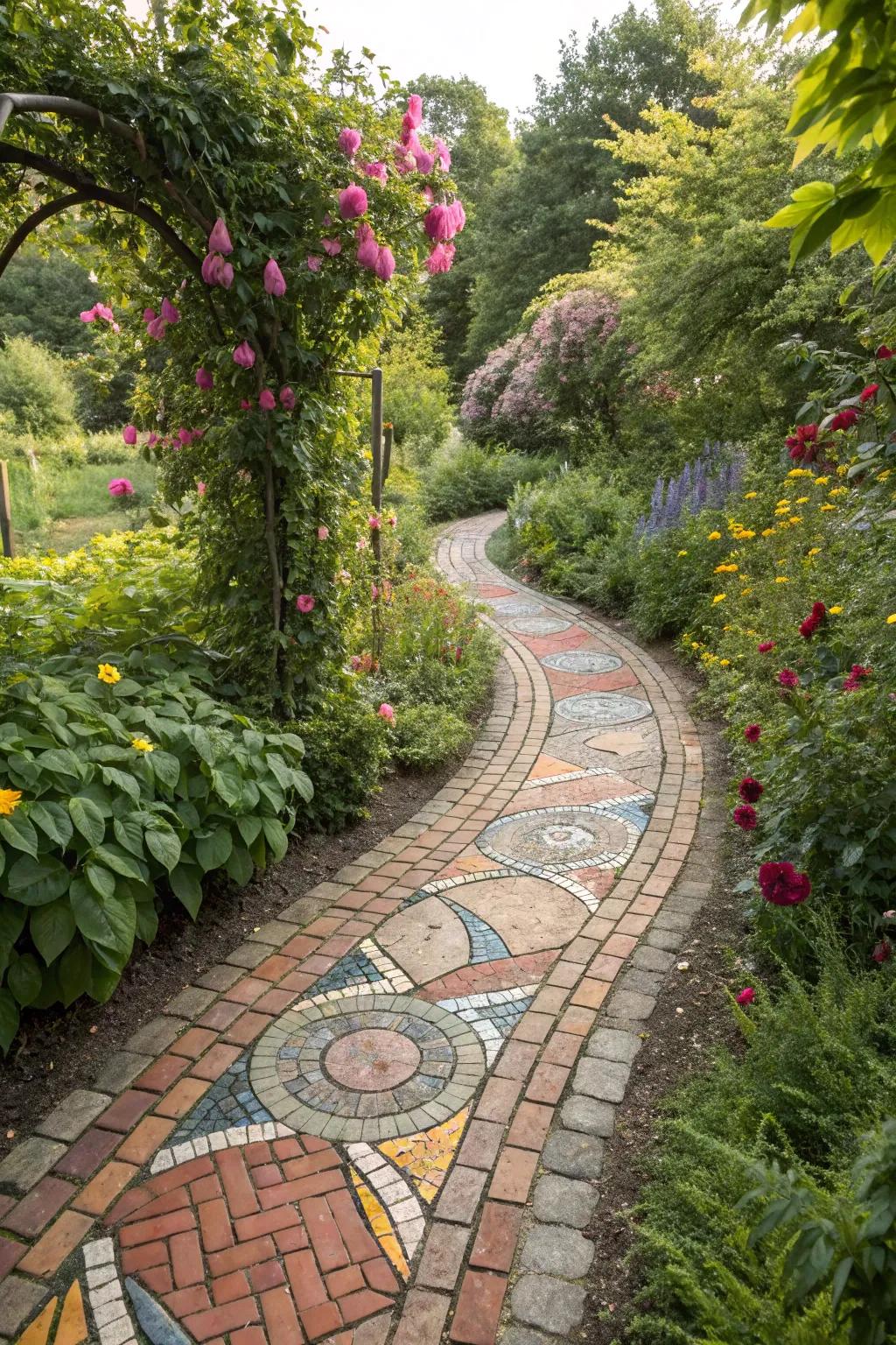 Whimsical brick mosaics infusing creativity into garden design.
