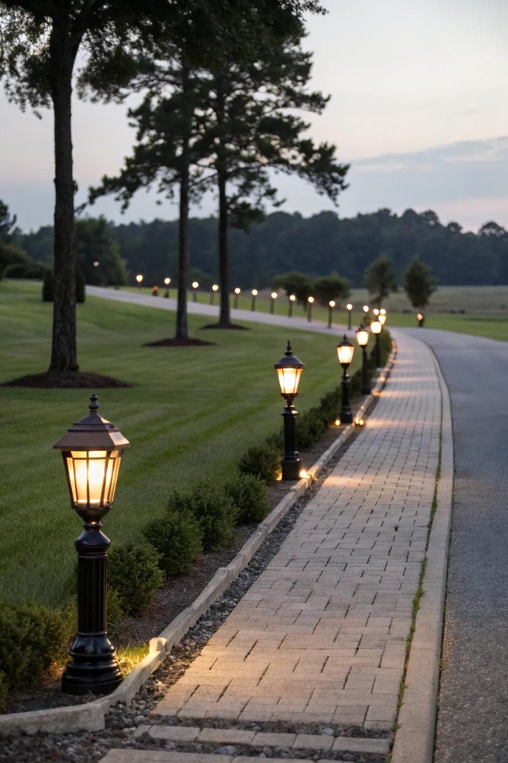 Pathway lights softly illuminating a long driveway.