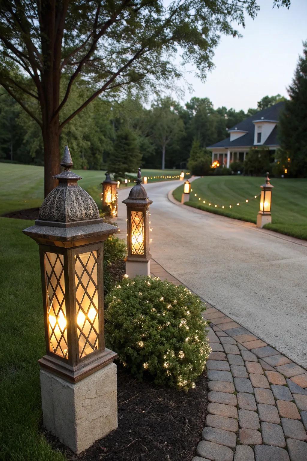 Lantern-style posts offer a vintage charm to a driveway.