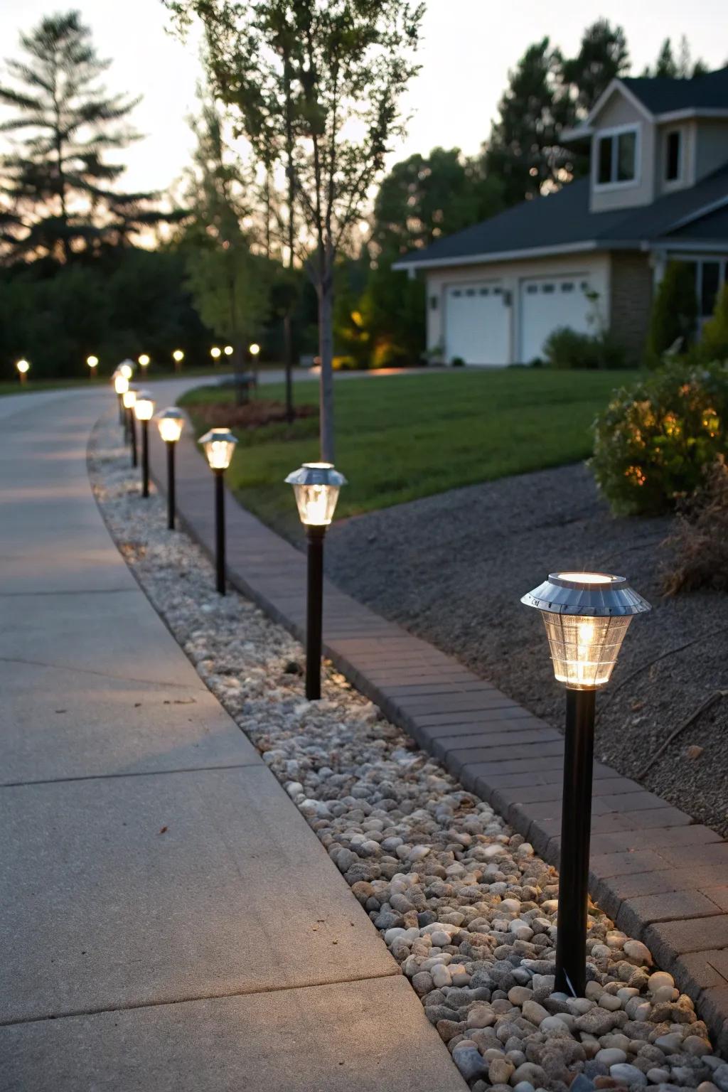 Solar stake lights lining a driveway, powered by the sun.