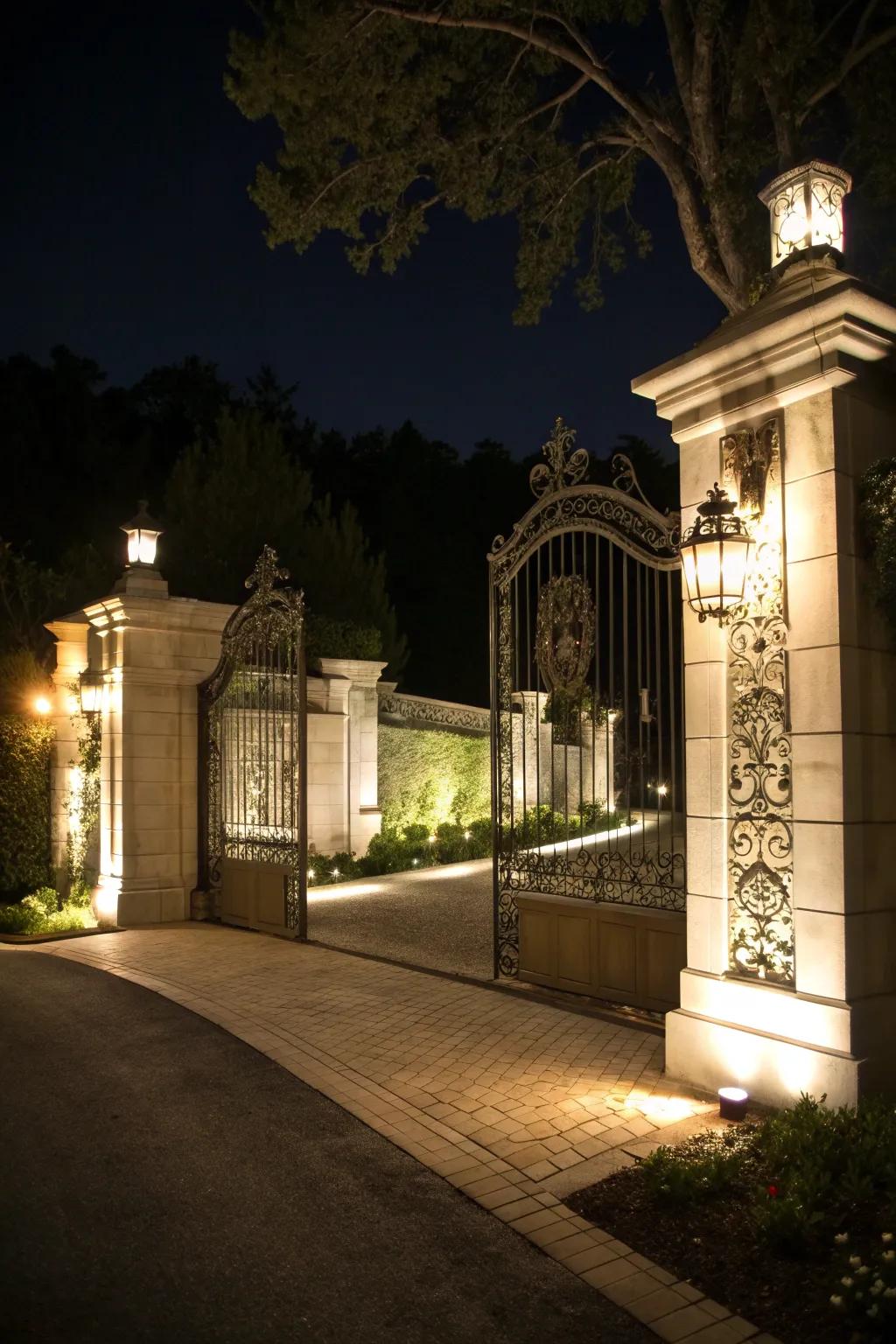 Gate illumination adds grandeur to a driveway entrance.
