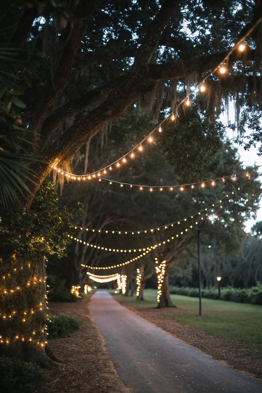 String lights add a whimsical touch to any driveway.